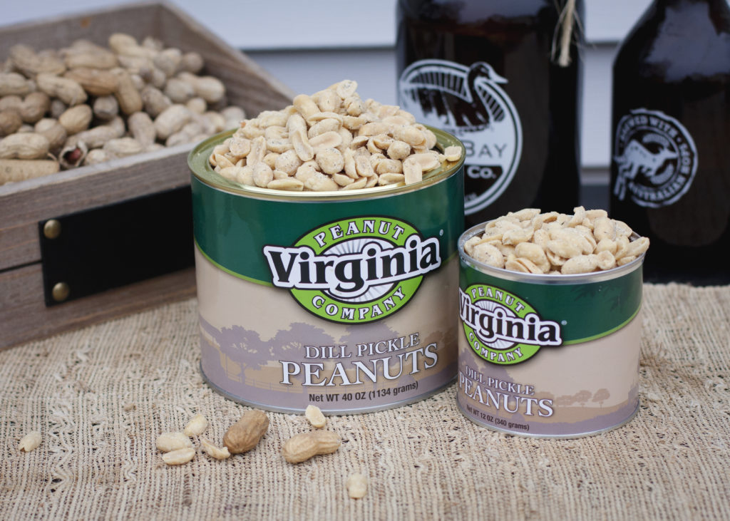 Cans of jumbo seasoned dill pickle peanuts